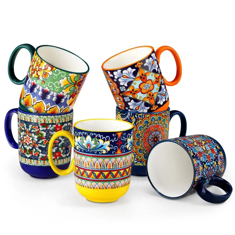 Boho Coffee Mugs Set of 6, 14 oz with Handle