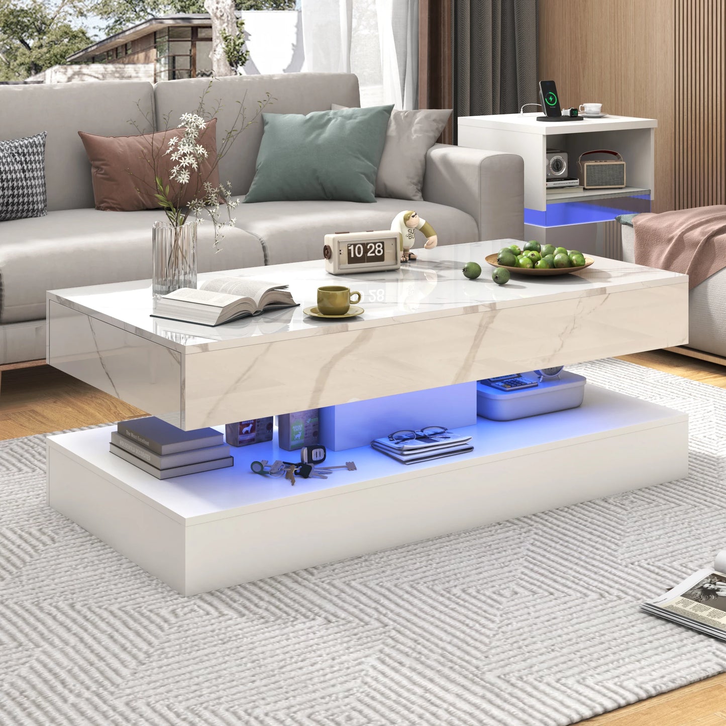 Double-Layer Stylish Coffee Table w/LED Lights
