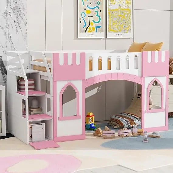 Playhouse Design Twin Size Loft Bed w/Built-in Storage