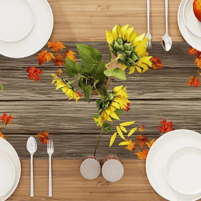 13"x90"Fall Harvest Pumpkin Squirrel Thanksgiving Day Table Runner with Maple Leaves