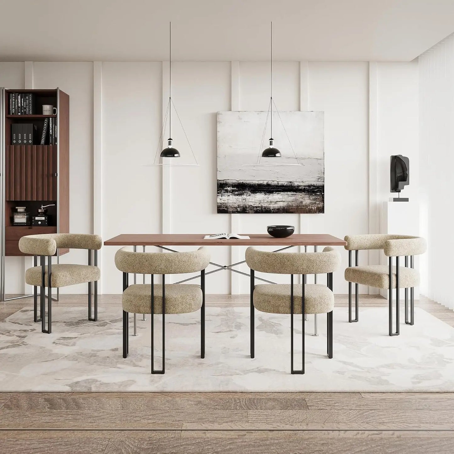 Set (2) Modern Bouclé Fabric Upholstered Dining Room Armchairs