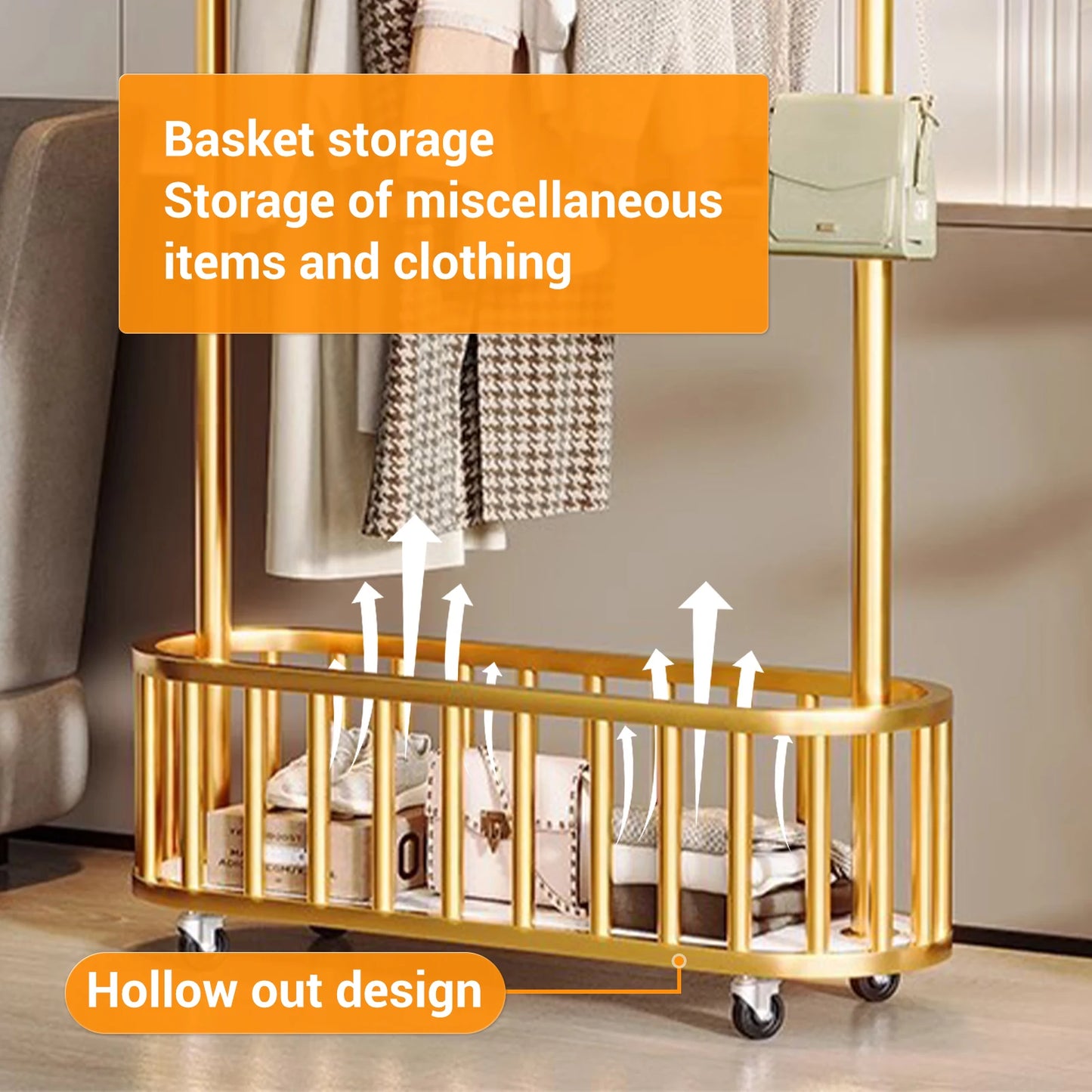 Movable Clothes Rail, Hanging Coat Rack with Storage Basket