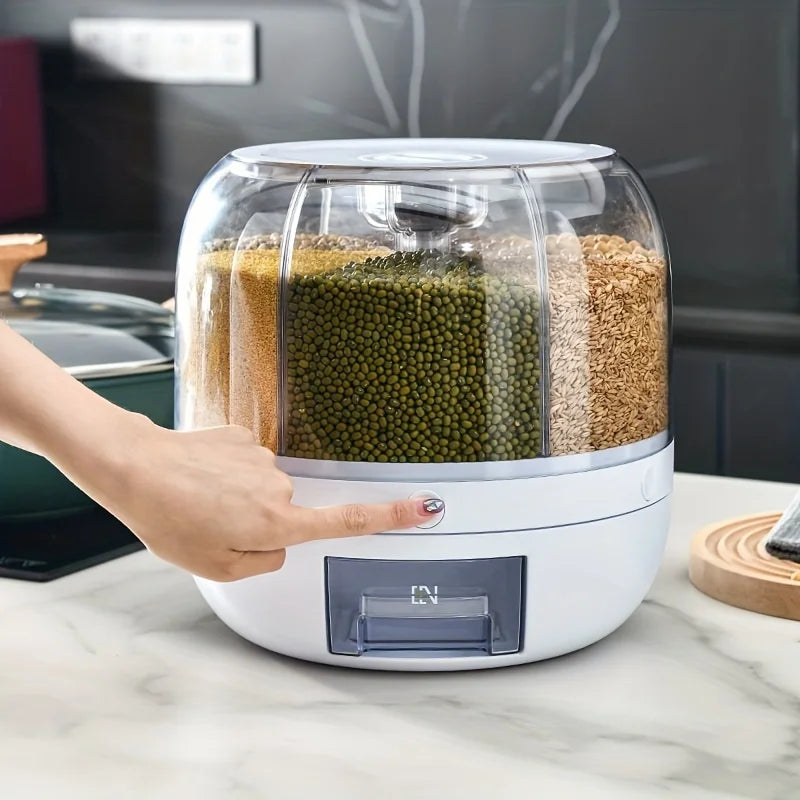 Rotating Grain Storage Container, 6-Compartment, One-Touch, Moisture-Proof