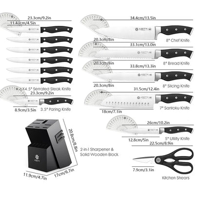 15 PCS Kitchen Knife Set, Built-in Knife Sharpener