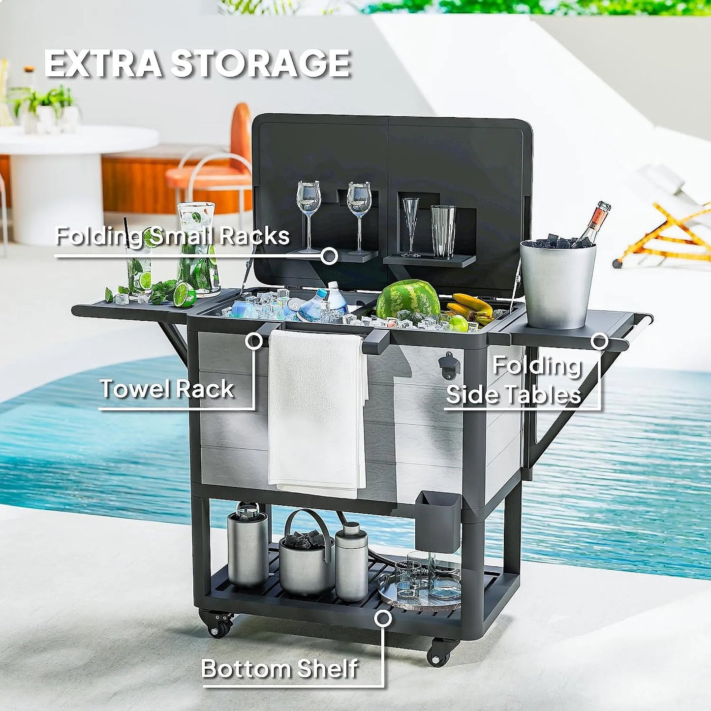 104qt Rolling Patio Ice Chest with Bottle Opener & Shelves