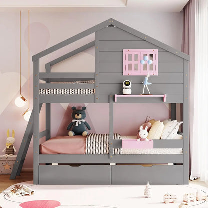 House Twin Over Twin Bunk Beds w/Storage Drawers & Shelf