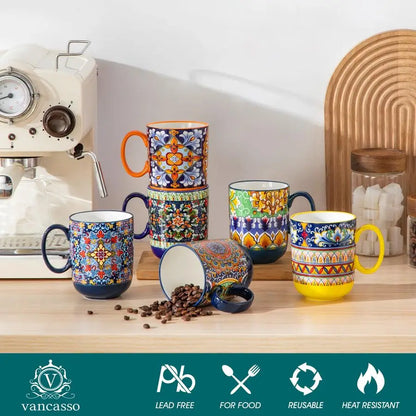 Boho Coffee Mugs Set of 6, 14 oz with Handle