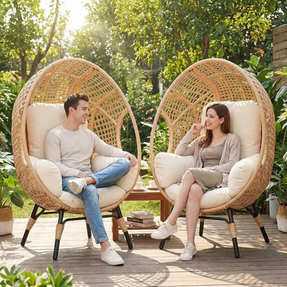 2 Pcs Oversized Wicker Egg Chair w/Cushion, 500lbs Capacity