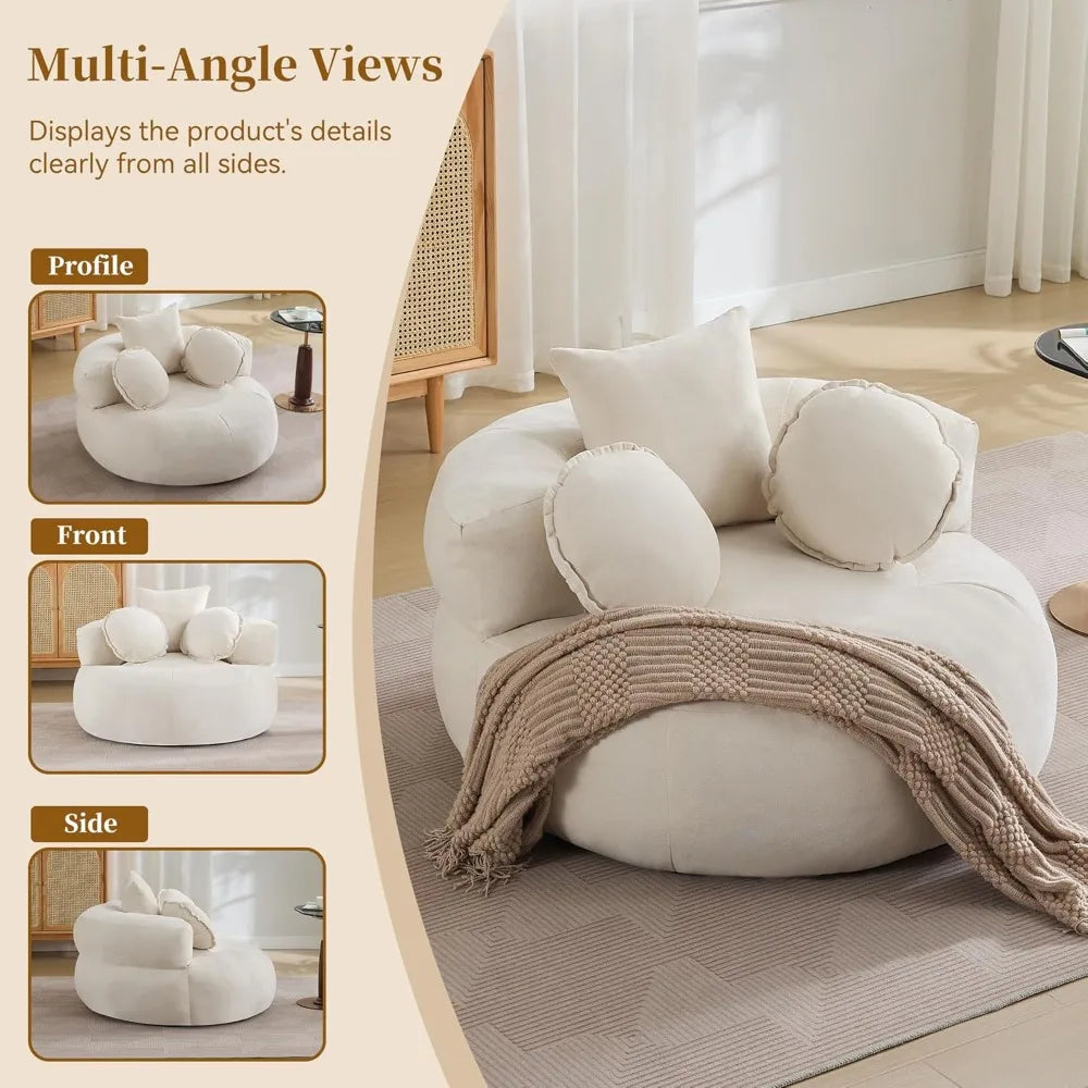 Oversized Round Sofa Chair, Chenille Fabric Circle Lounge Chair, Boneless Barrel Shape Lazy Bean Bag