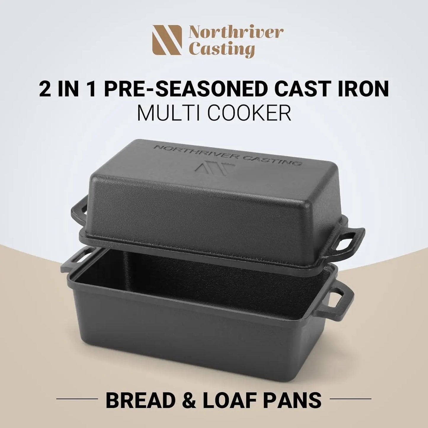 2pc - 9"x5" Cast Iron Loaf Pan with Lid for Even Baking