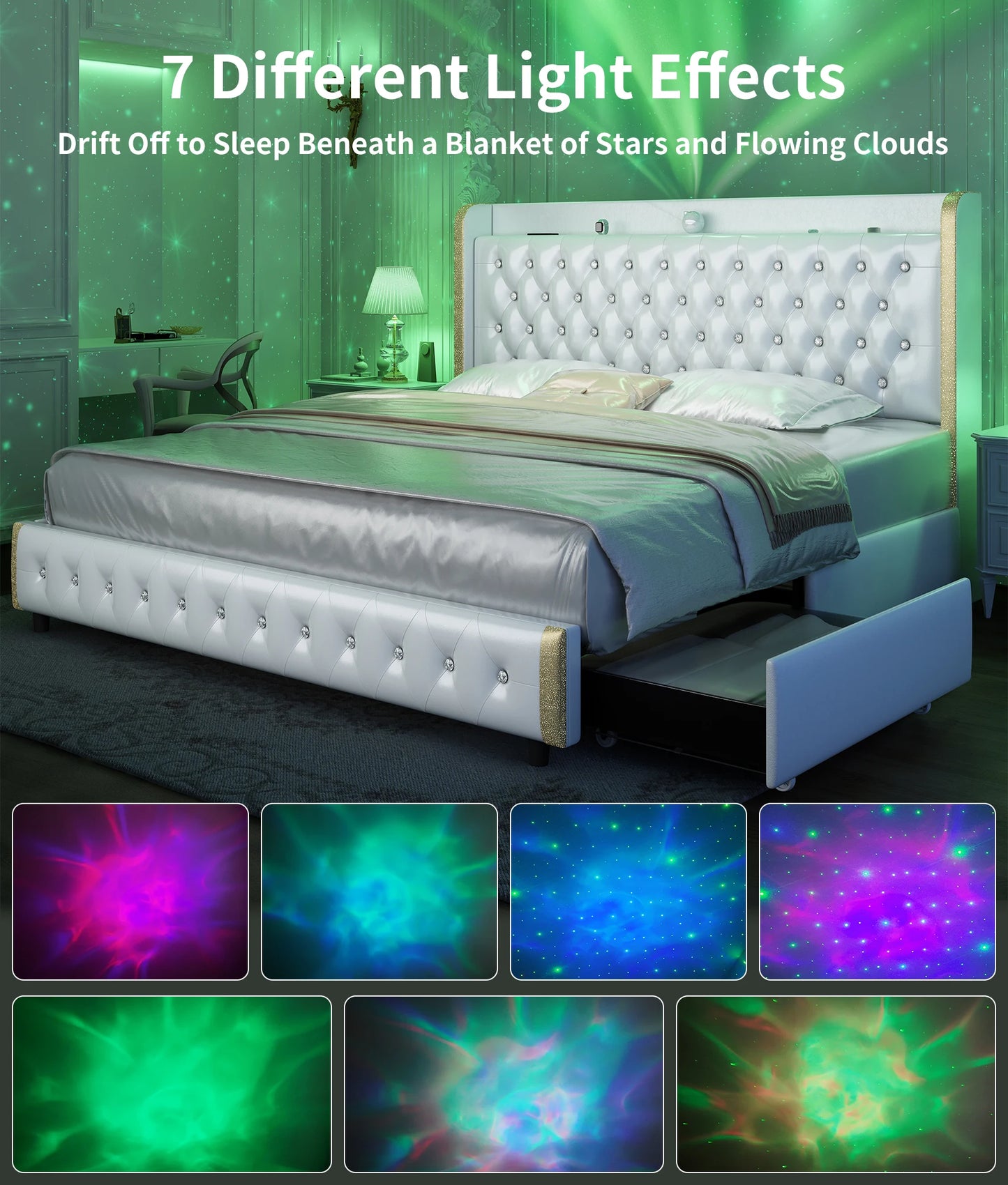4 Drawers, Queen LED Bed Frame w/Galaxy Projector, Bluetooth, USB Ports