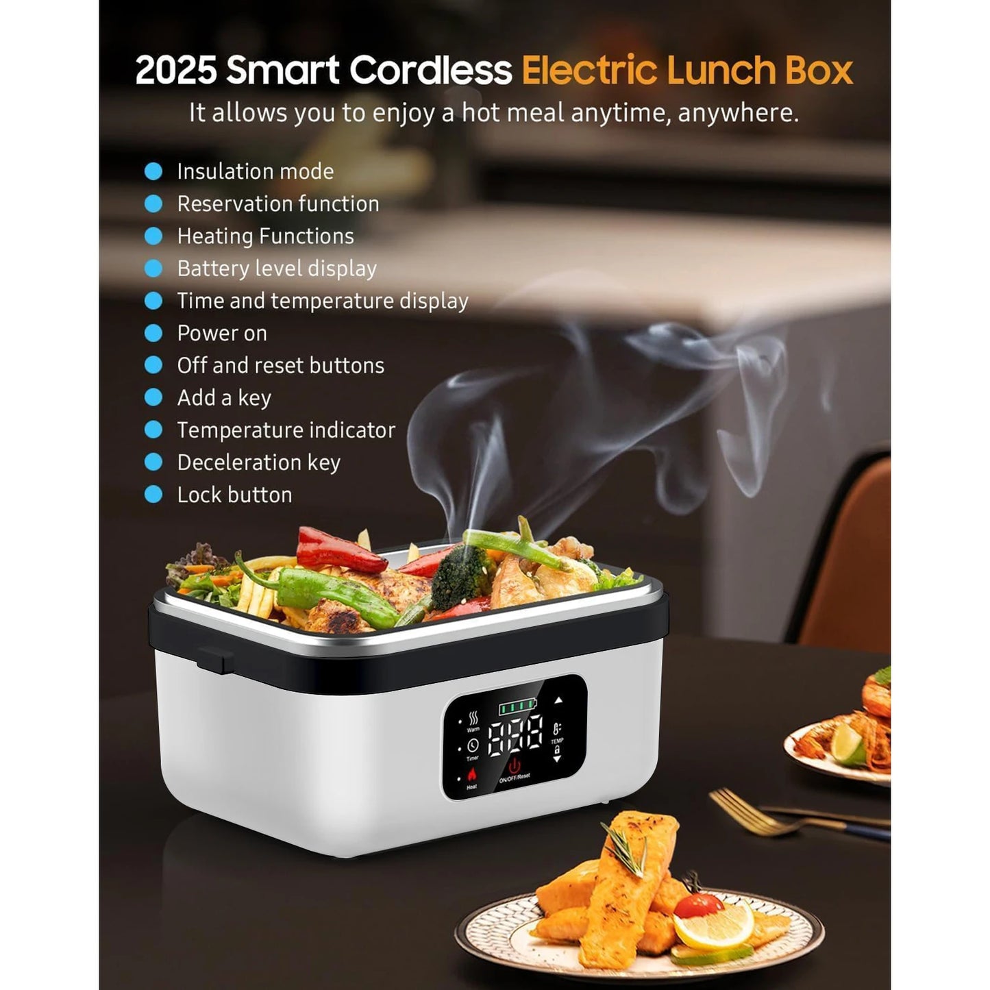 Rechargeable Portable Food Warmer w/Fork and Spoon, Insulated Carrying Bag