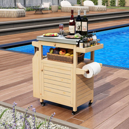 Stainless-Steel Outdoor BBQ Grill Table w/Storage, Wheels