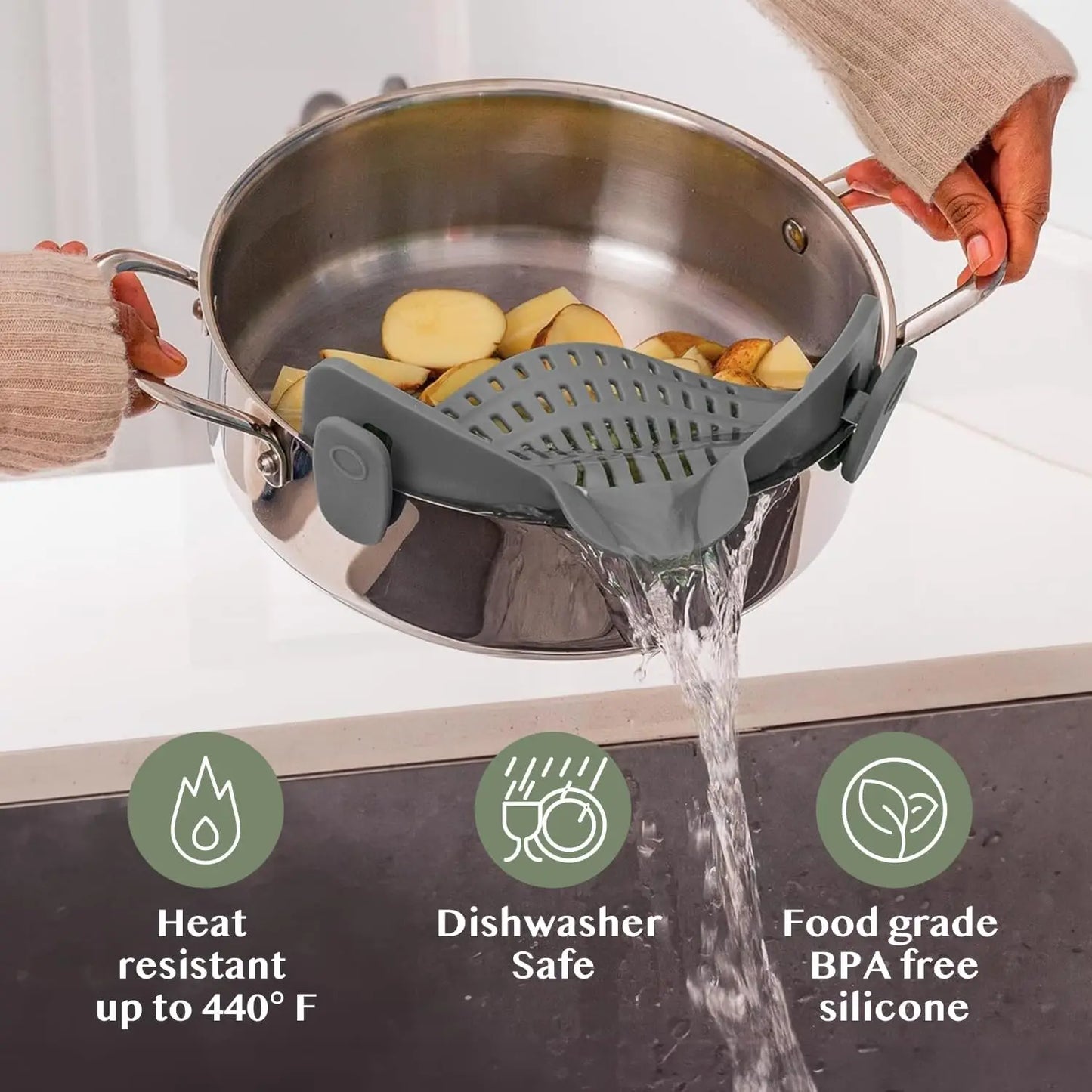 Snap N' Strain, Silicone Pasta Strainer Clip-On for Pots and Pans - Heat Resistant Colander