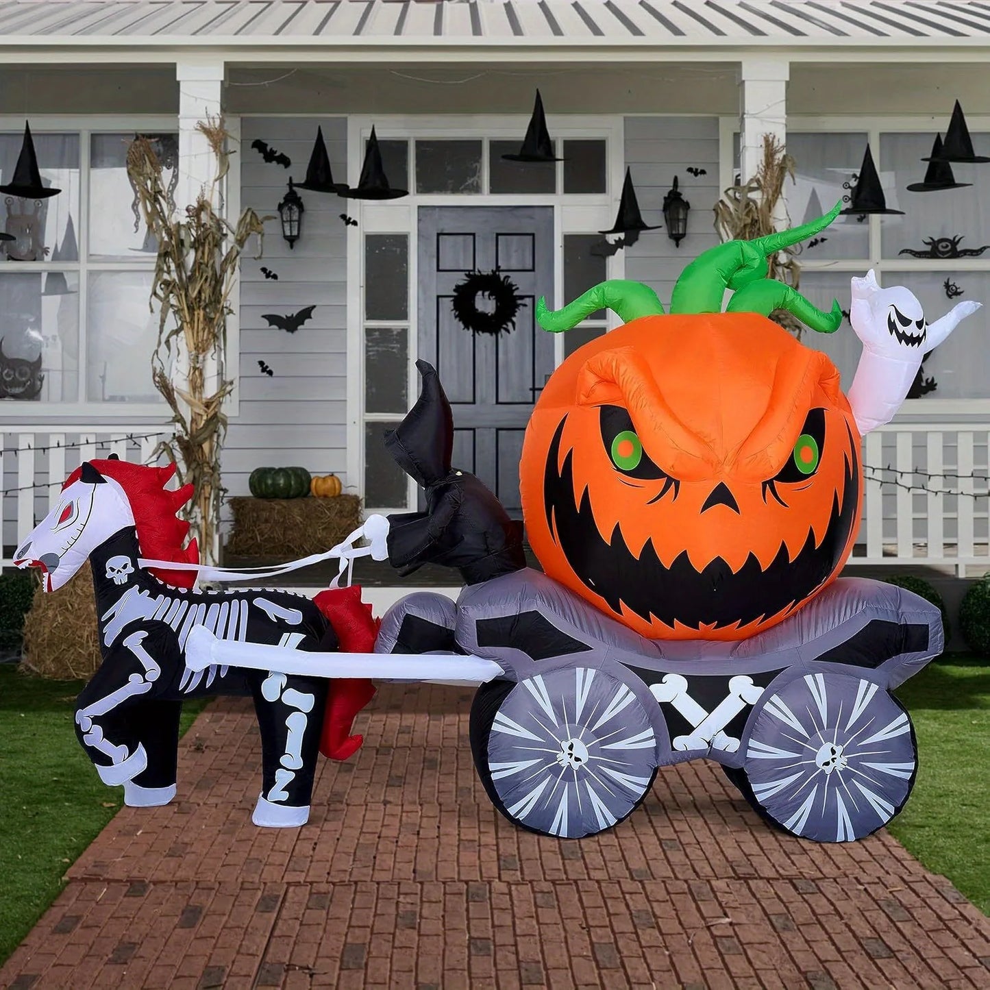8 Ft Long Halloween Inflatables Pumpkin Carriage with Built-in LEDs