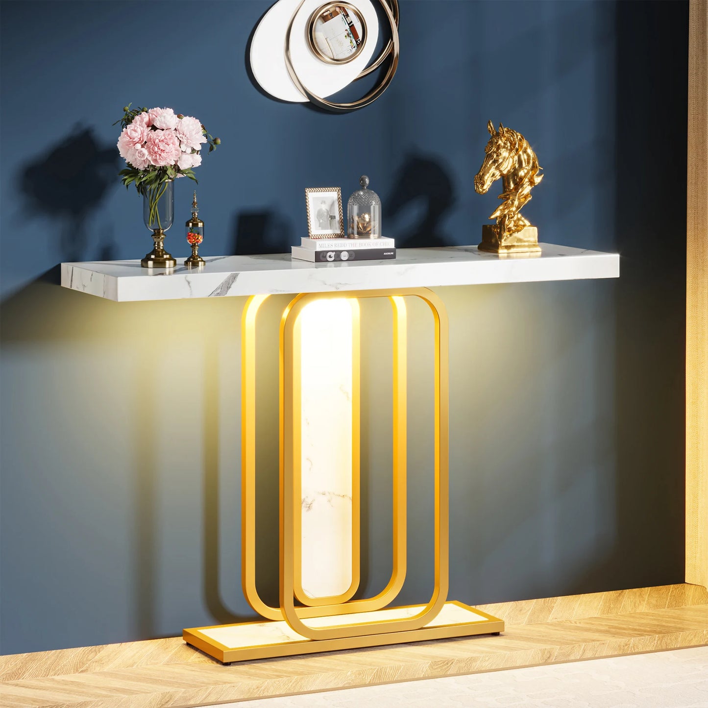 Modern Accent Gold/White Console Table , LED Lights,