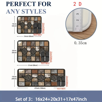 2D 3pcs Kitchen Mat Set, Classic Geometric Stone Mat, Retro Farmhouse