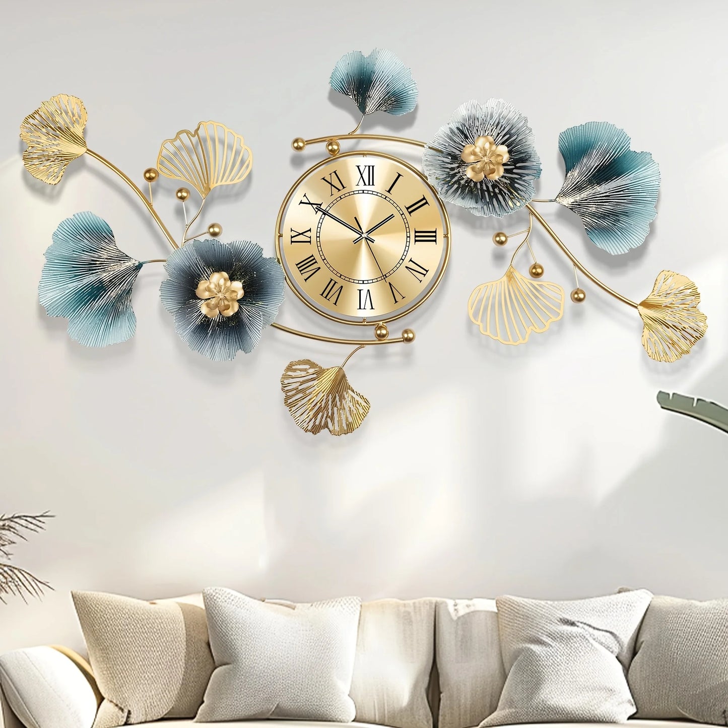 Golden Modern 3D Ginkgo Leaf Wall Clock, 37"x20 "