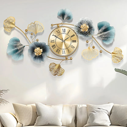 Golden Modern 3D Ginkgo Leaf Wall Clock, 37"x20 "
