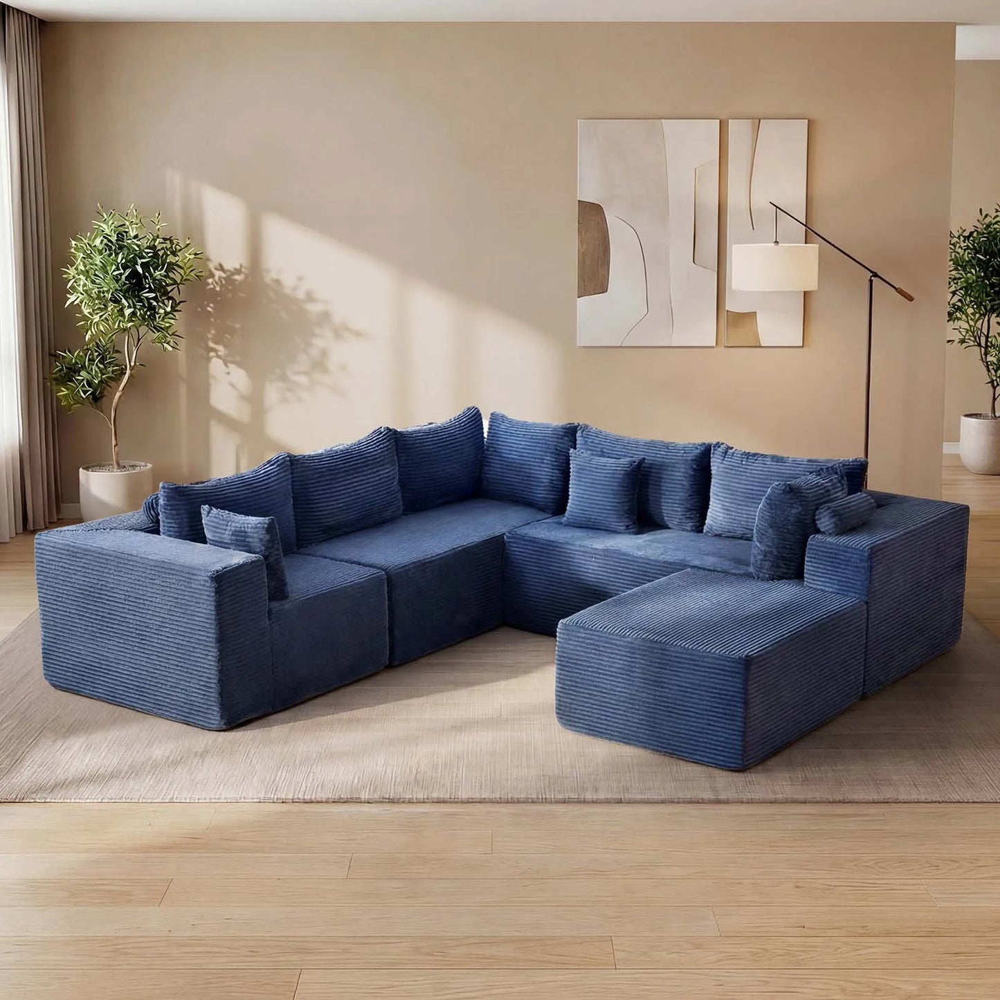 107" Boneless 6 Seat Sectional Couch w/Ottoman, Deep Seating