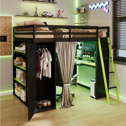 Full Wood Gaming Loft, Bed, Desk, Storage Shelves, LED, Charging