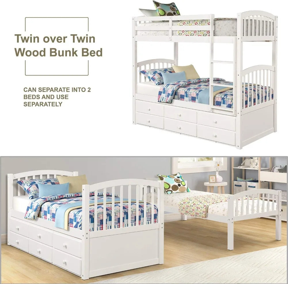 Twin Over Twin Bunk Bed with Trundle, 3 Drawers, Safety Rail, Ladder - Convertible to 3 Beds, White