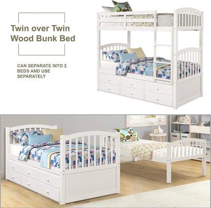 Twin Over Twin Bunk Bed with Trundle, 3 Drawers, Safety Rail, Ladder - Convertible to 3 Beds, White