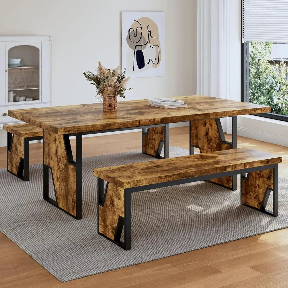 70.8 Modern Wooden Dining Table with 2 Benches,