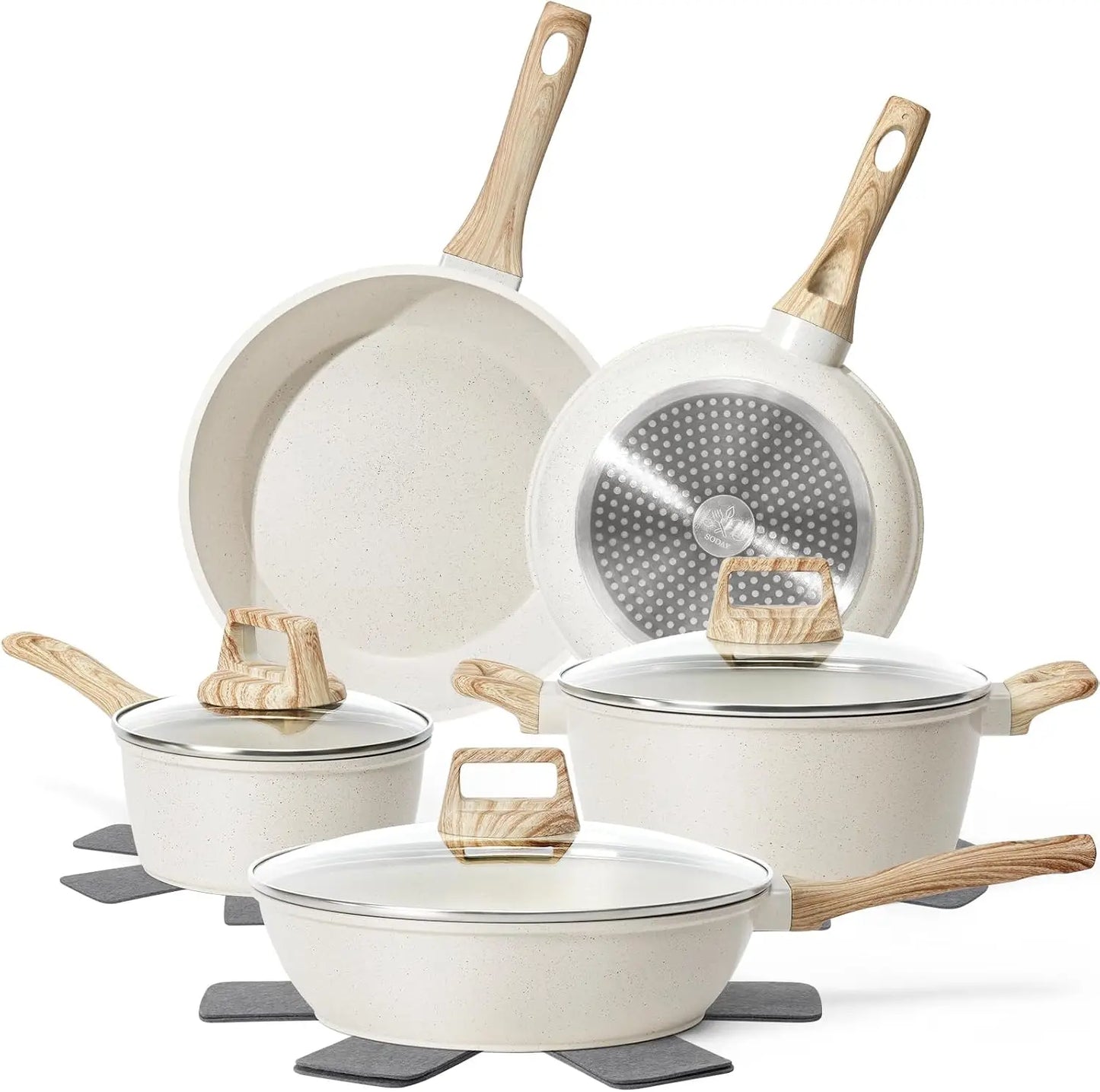 12pc White Granite Induction Pots and Pans, Non-Stick, Non-Toxic Cookware