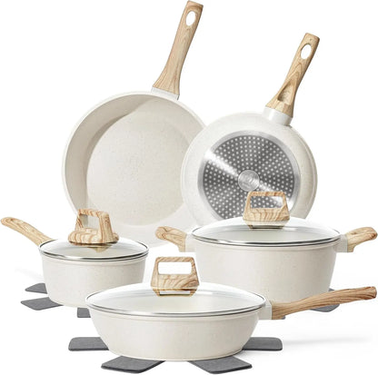 12pc White Granite Induction Pots and Pans, Non-Stick, Non-Toxic Cookware