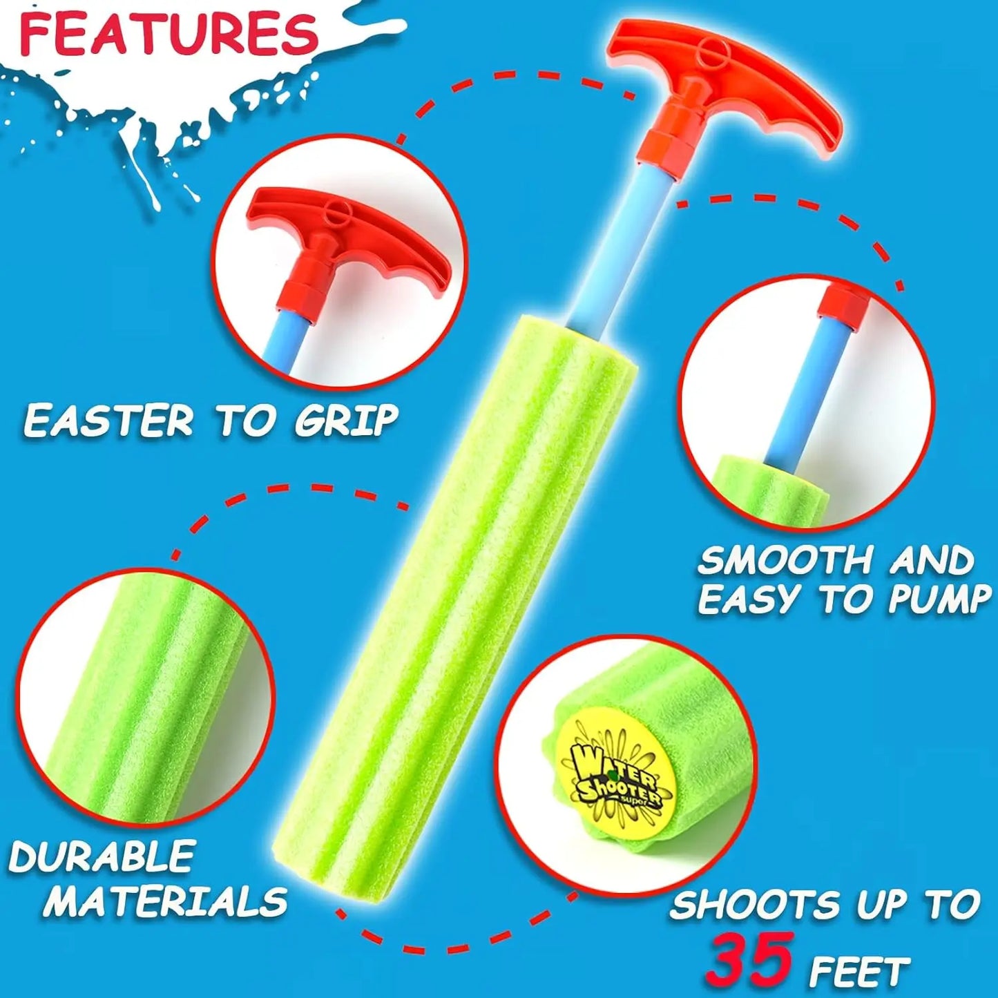 6pk Foam Squirt Guns for Kids & Adults, 33ft Range,