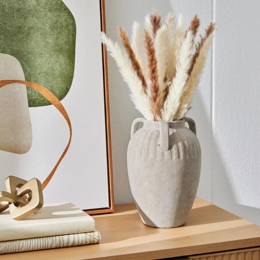 Three Handled Ceramic Vase 10" Ivory