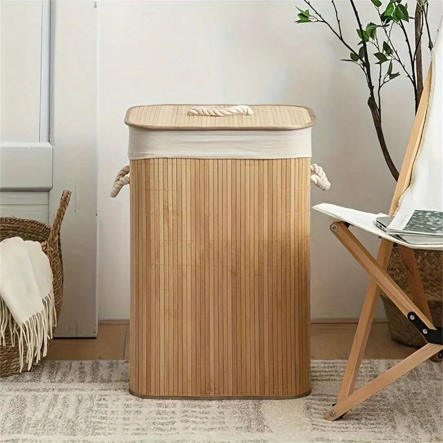 Large Bamboo Foldable Laundry, Storage Basket w/Lid
