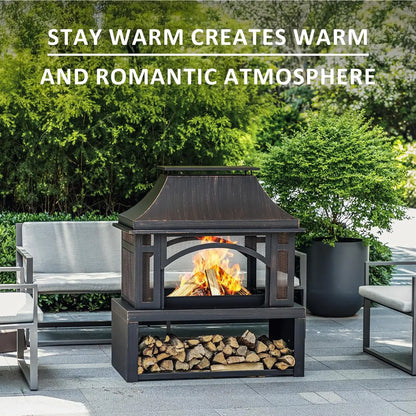 39" Large Wood Burning Outdoor Fireplace w/Chimney, Storage