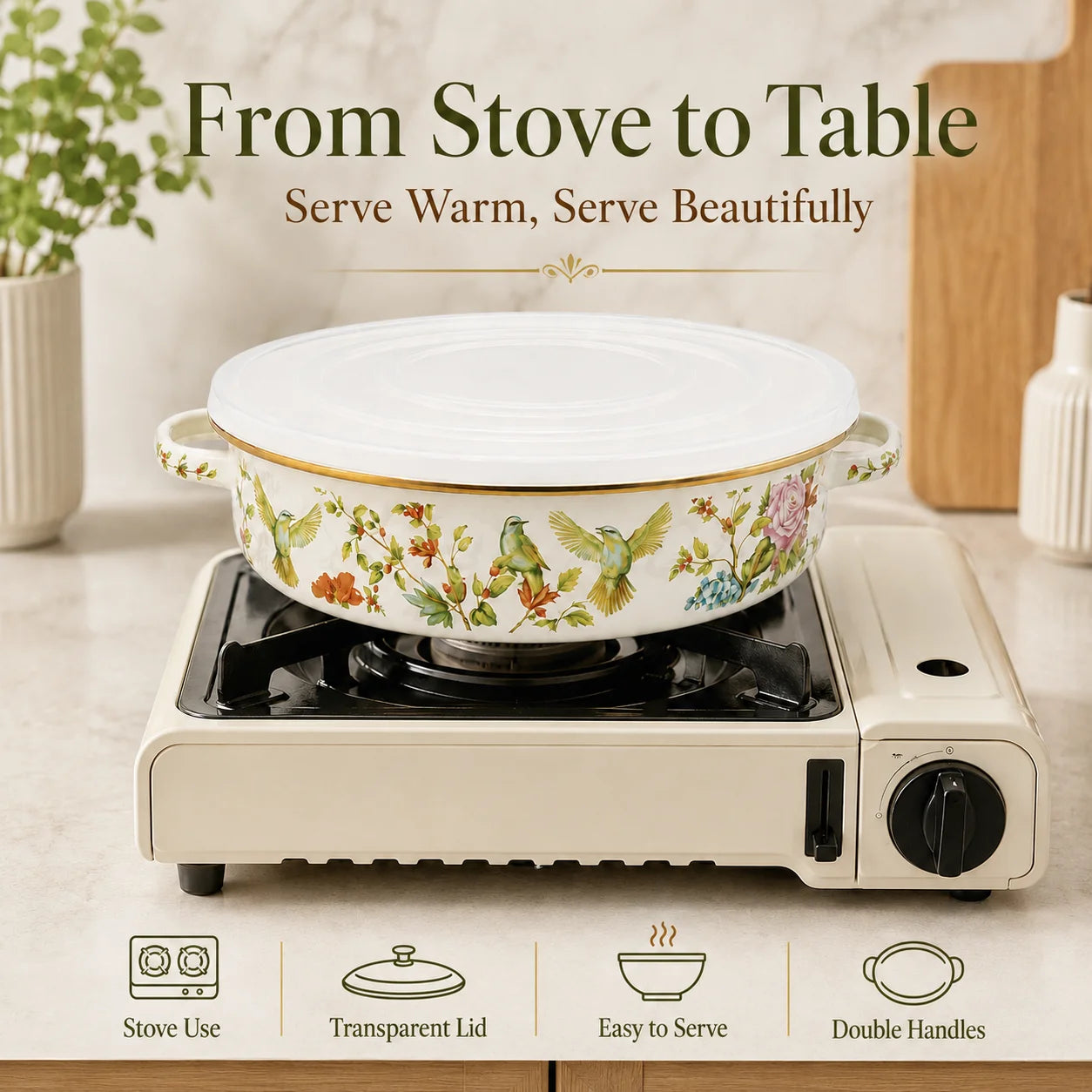11 Inch Enamel Pie Pan Vintage Floral Non-Stick Baking Dish w/Lid