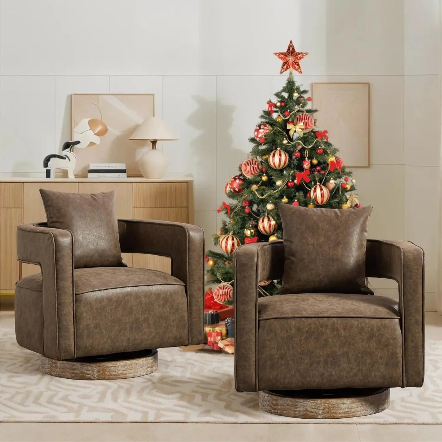 Set (2) Upholstered Swivel Accent Chair, Open Back Barrel Chair