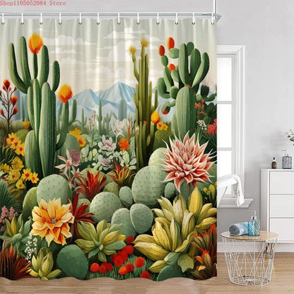 Cute Greenery Print Shower Curtain with Hooks