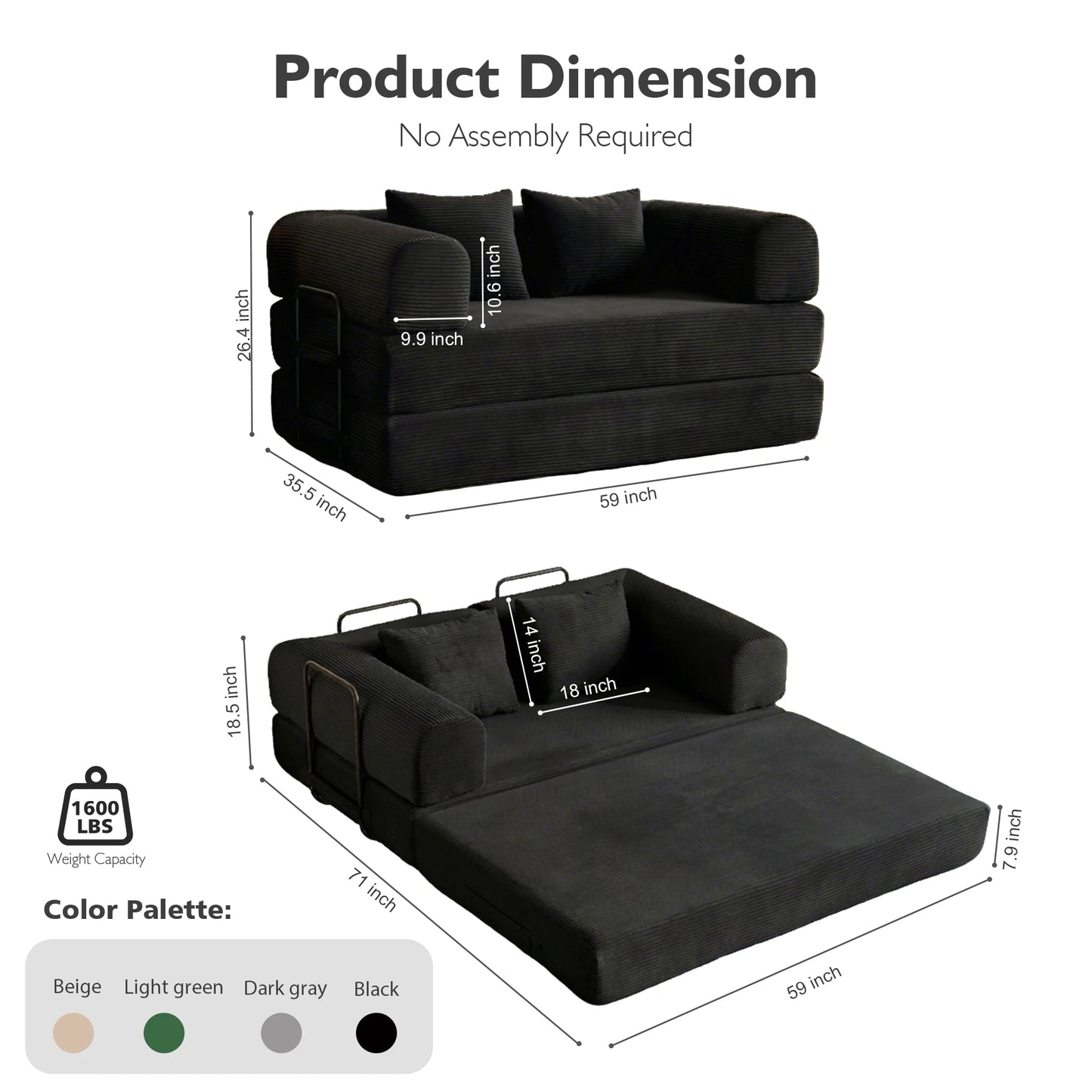 59" 4:1 Boneless Convertible Floor Sofa, High-Density Sponge & Corduroy Fabric