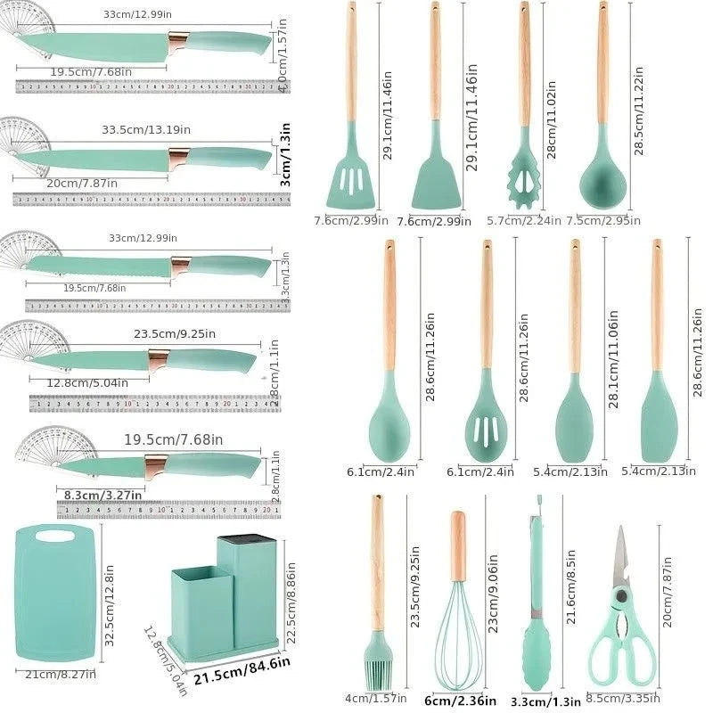 19pc Kitchen Knives and Silicone Utensils w/Holder