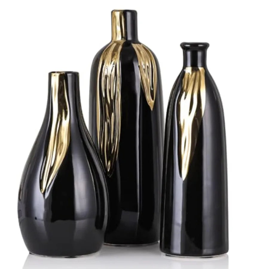 Ceramic Vase 3 Pcs Set, White and Gold Vases