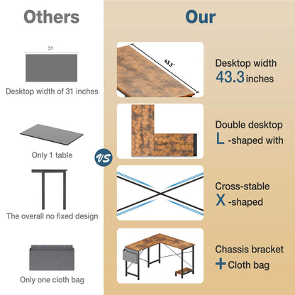 50" Corner Wooden Table with CPU Storage Shelf & Side Bag