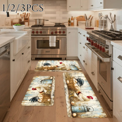 3pc Rustic Farmhouse Kitchen Rugs, Rooster, Chicken, Basket Pattern,