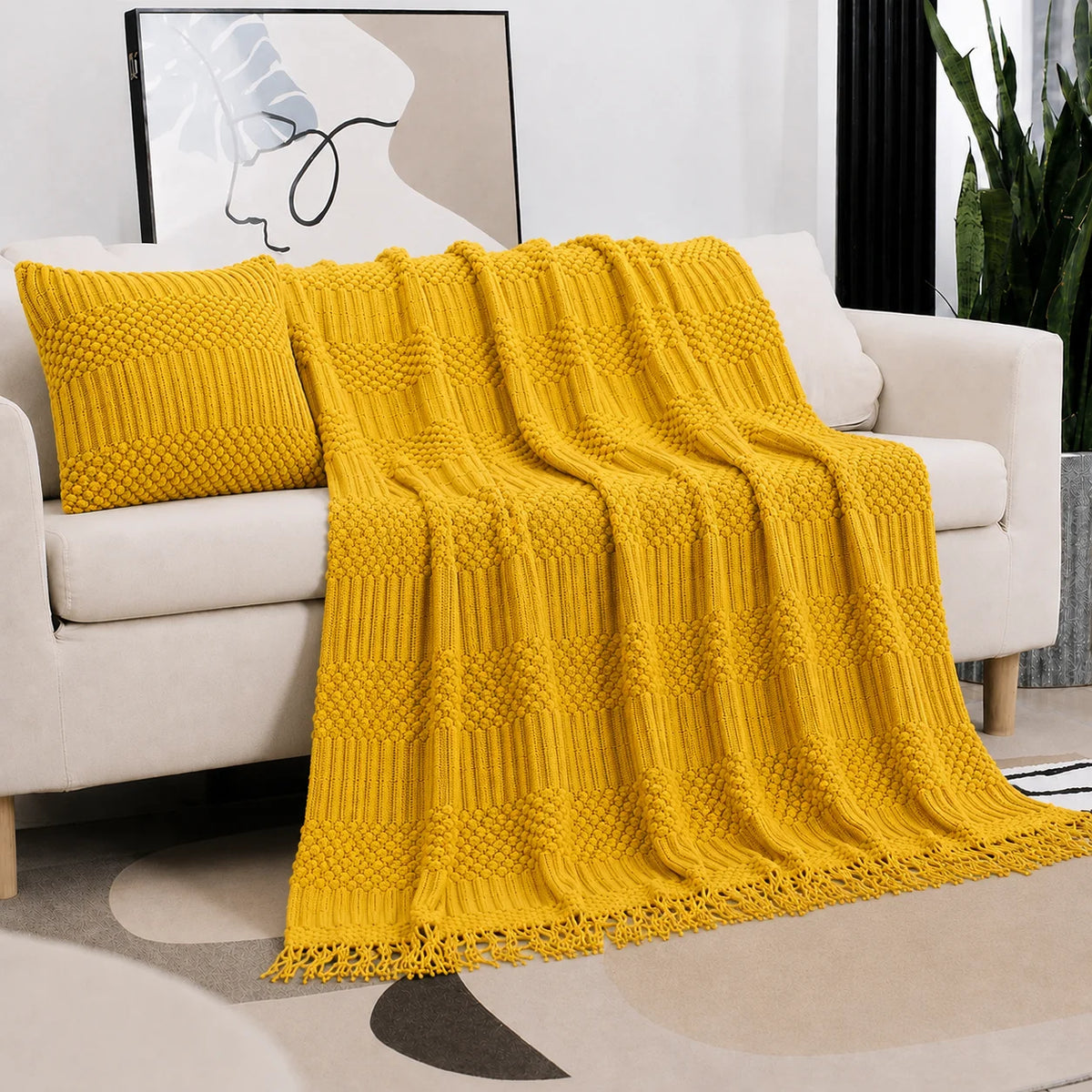 Beige Openwork Textured Knit Throw Blanket with Tassel Fringe