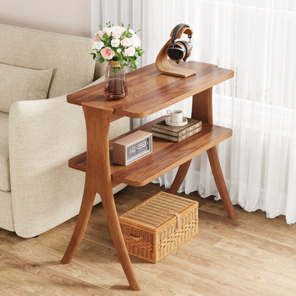 Walnut Side Table with 2-Tier Storage Shelf and Solid Wood Legs