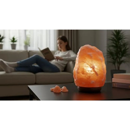 Natural Himalayan Salt Lamp w/Hand-Carved Wooden Base