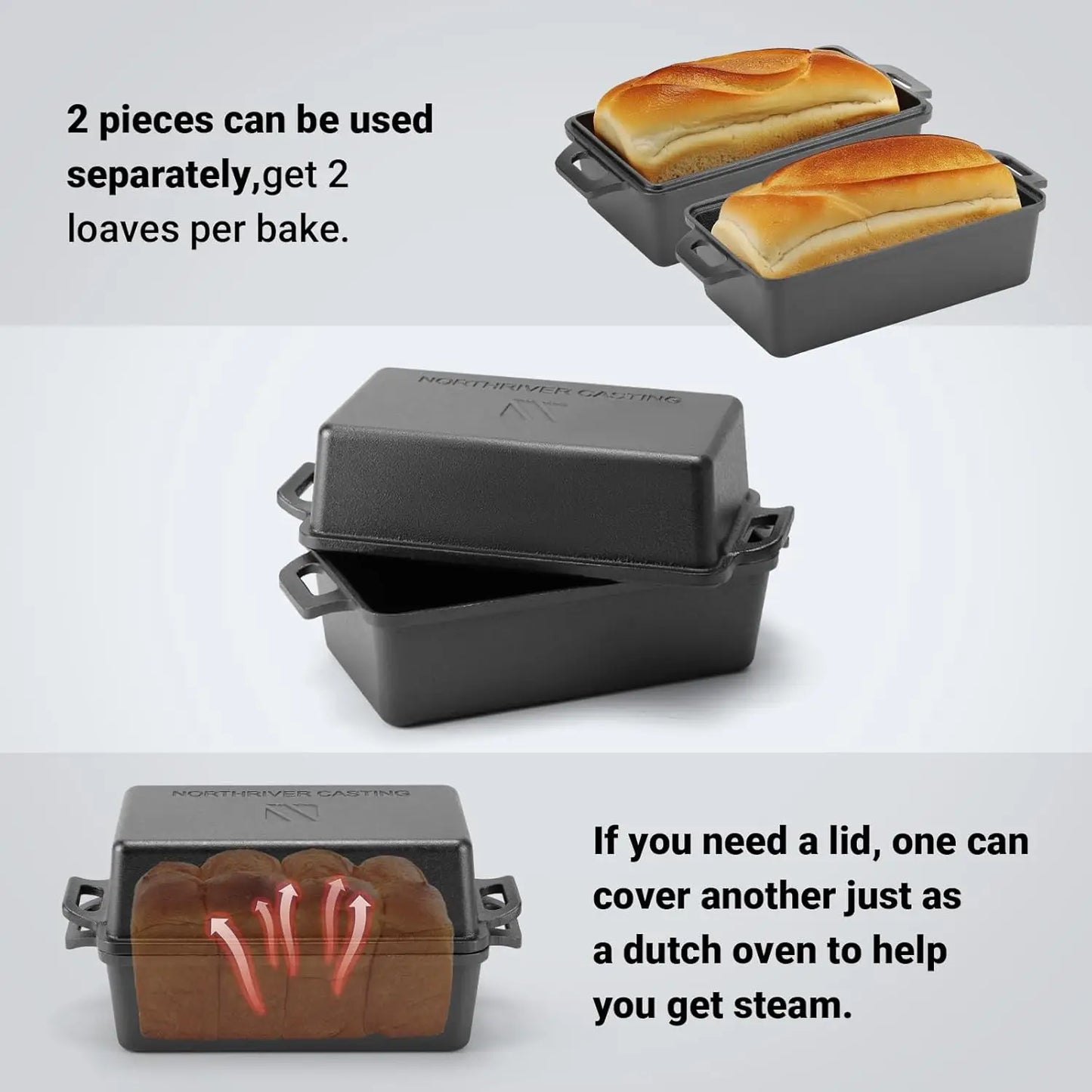 2pc - 9"x5" Cast Iron Loaf Pan with Lid for Even Baking