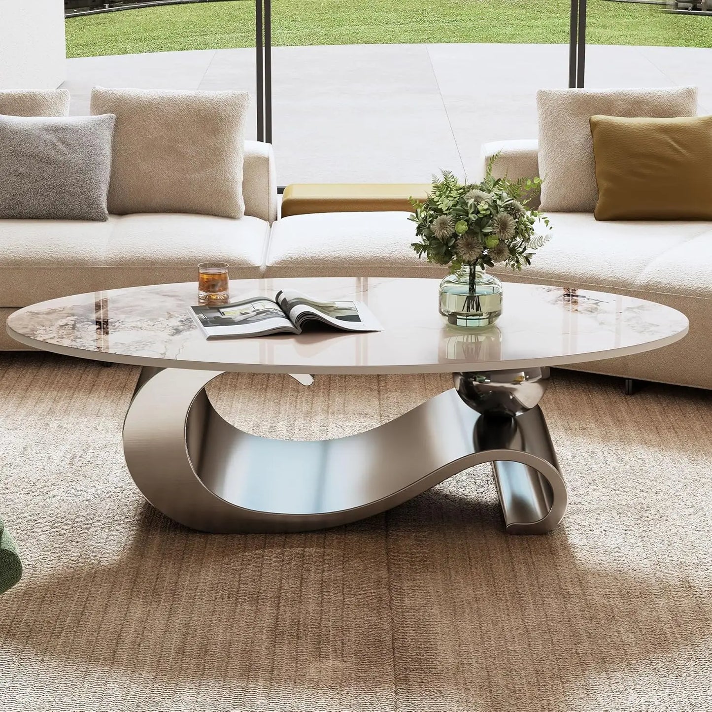 Modern, Oval Living Room Table w/ Faux Marble Top