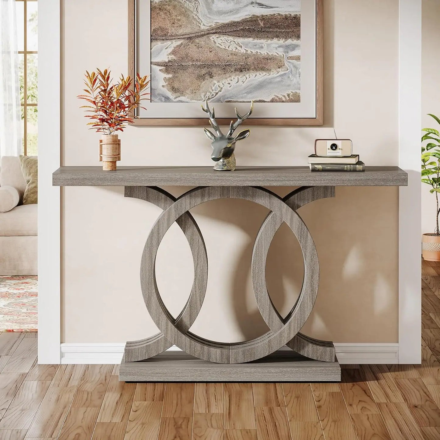 Modern 55"Console Table w/Geometric Wood Base, Modern