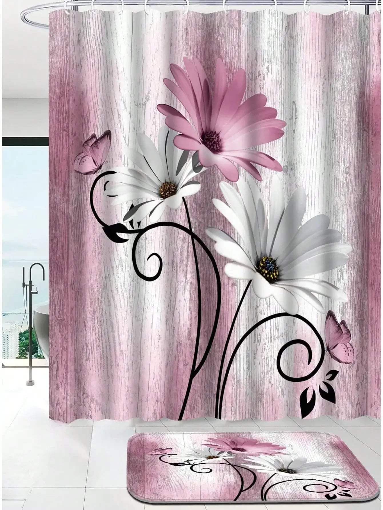 Floral Shower Curtain and Anti-Slip Bathroom Mat, Multi-Colors