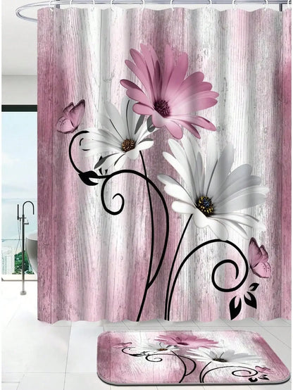 Floral Shower Curtain and Anti-Slip Bathroom Mat, Multi-Colors